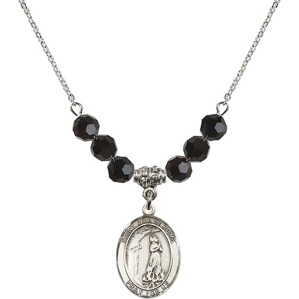 Sterling Silver Saint Zoe of Rome Birthstone Necklace with Jet Beads - 8314