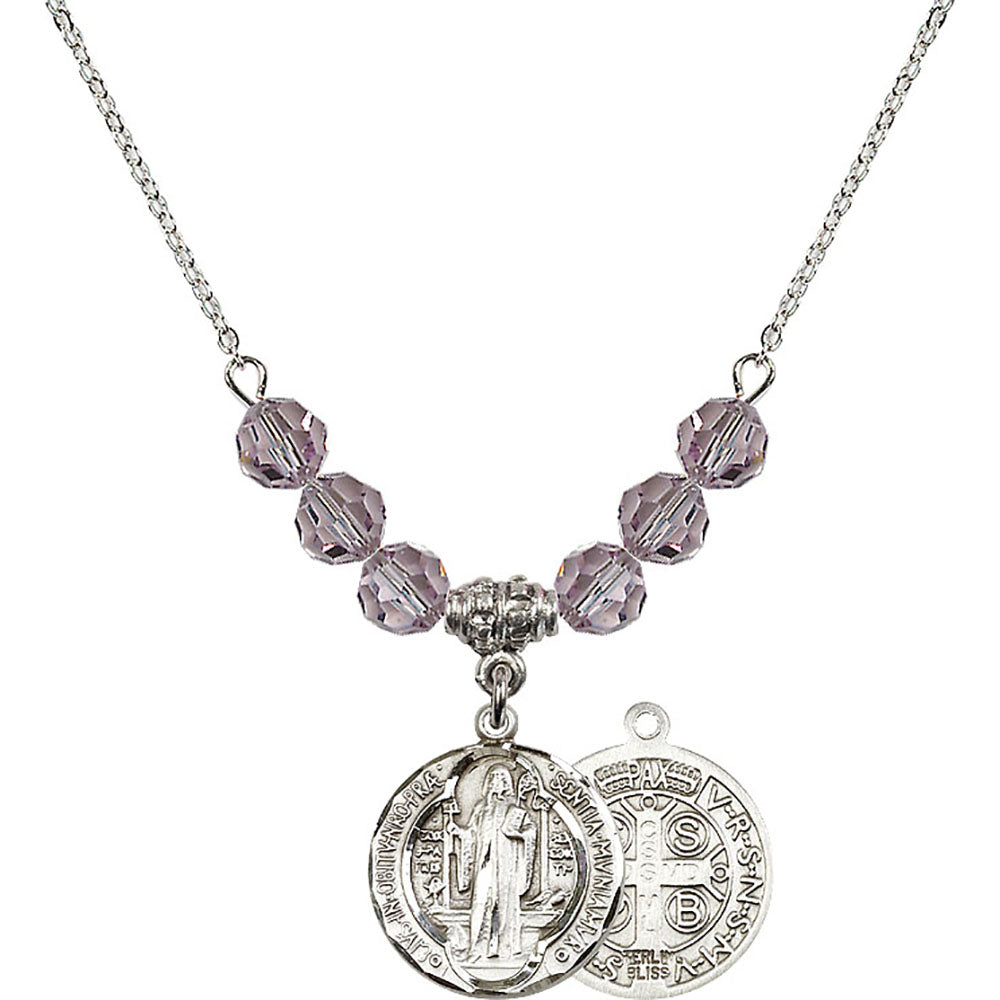 Sterling Silver Saint Benedict Birthstone Necklace with Light Amethyst Beads - 0026