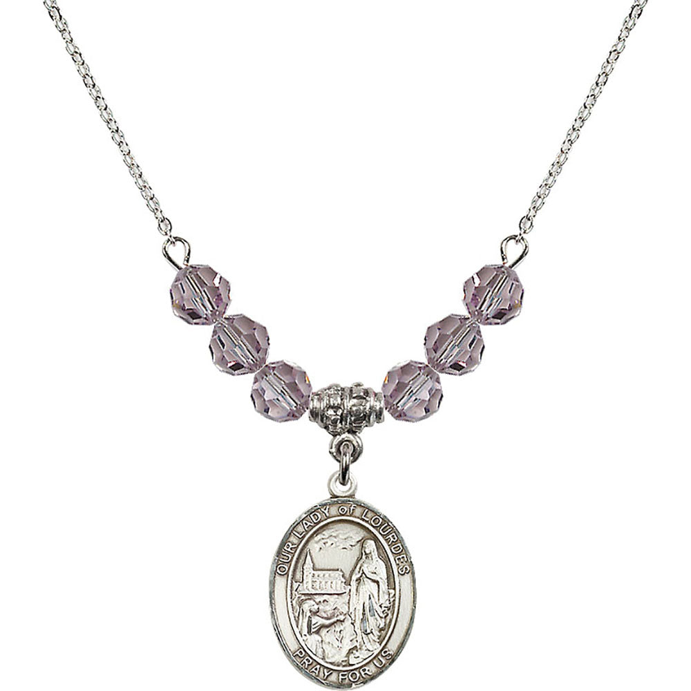 Sterling Silver Our Lady of Lourdes Birthstone Necklace with Light Amethyst Beads - 8288