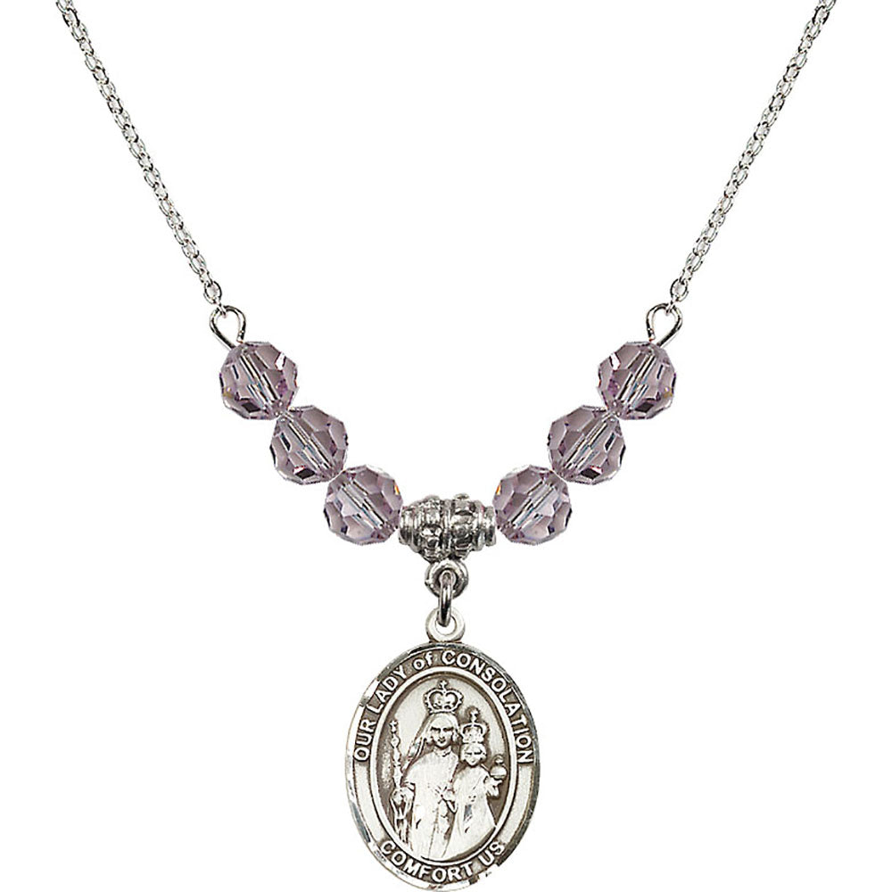 Sterling Silver Our Lady of Consolation Birthstone Necklace with Light Amethyst Beads - 8292