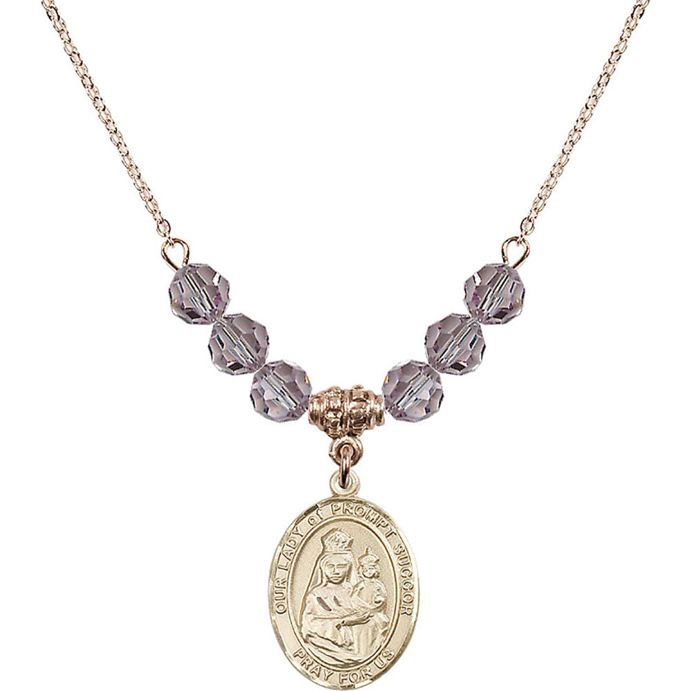 14kt Gold Filled Our Lady of Prompt Succor Birthstone Necklace with Light Amethyst Beads - 8299