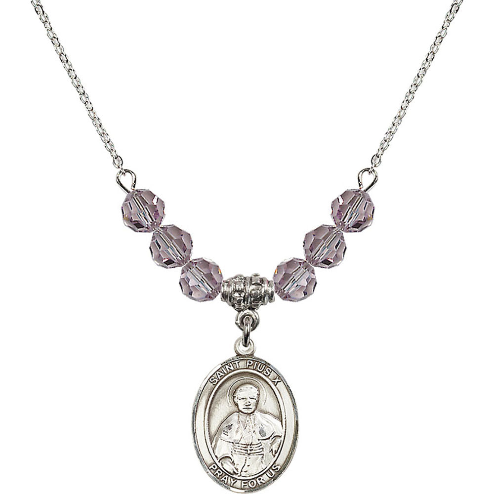 Sterling Silver Saint Pius X Birthstone Necklace with Light Amethyst Beads - 8305