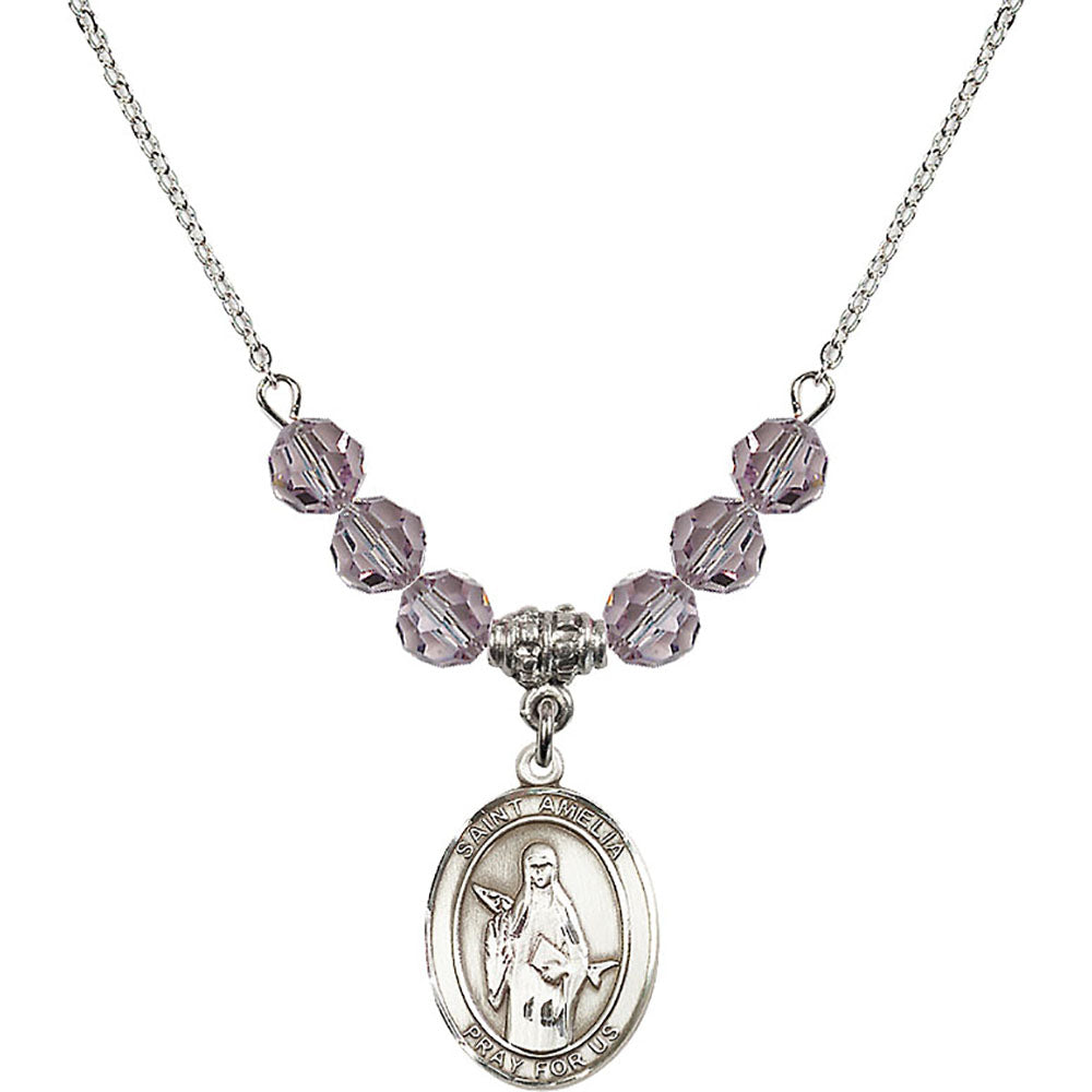 Sterling Silver Saint Amelia Birthstone Necklace with Light Amethyst Beads - 8313