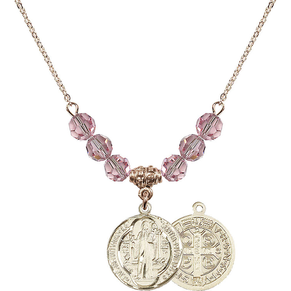 14kt Gold Filled Saint Benedict Birthstone Necklace with Light Rose Beads - 0026