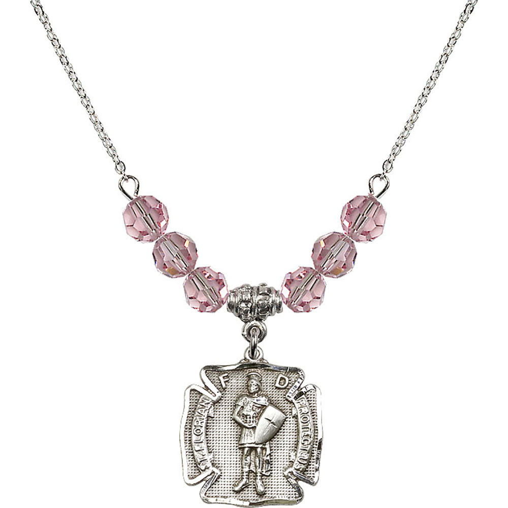 Sterling Silver Saint Florian Birthstone Necklace with Light Rose Beads - 0070