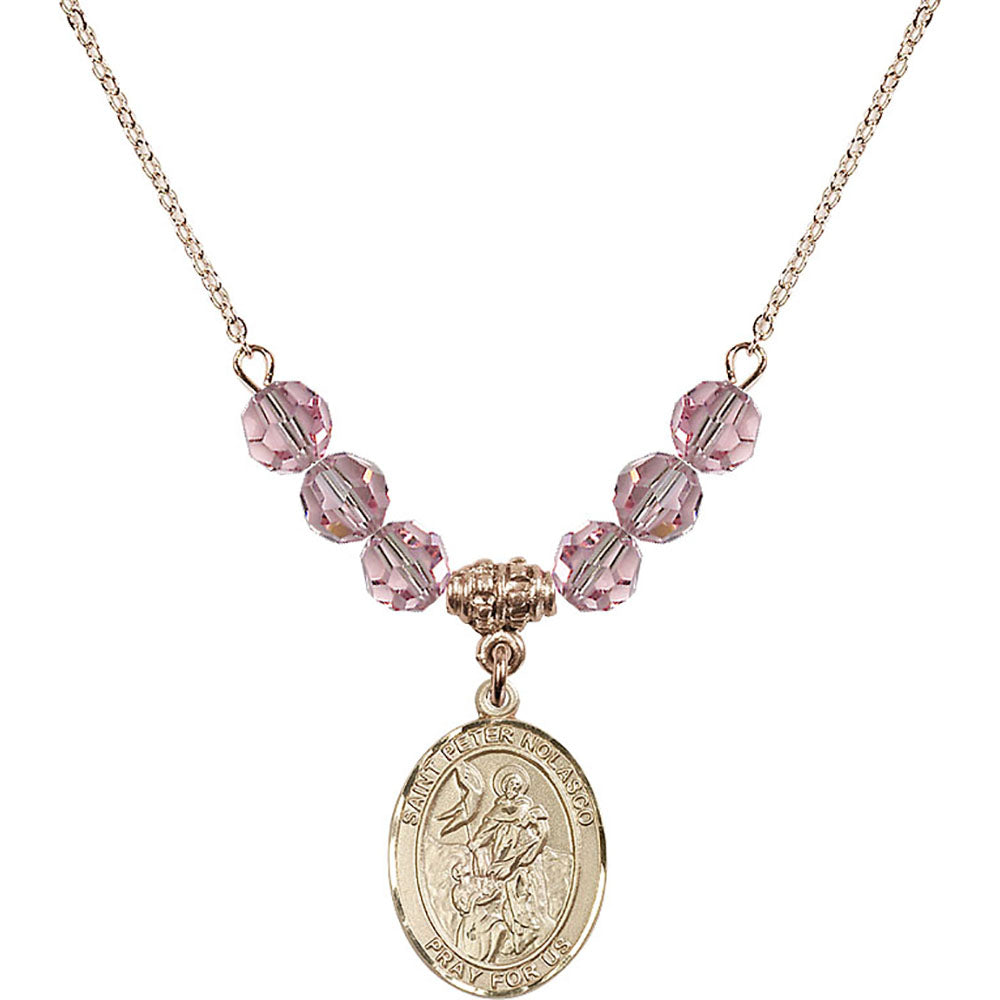 14kt Gold Filled Saint Peter Nolasco Birthstone Necklace with Light Rose Beads - 8291