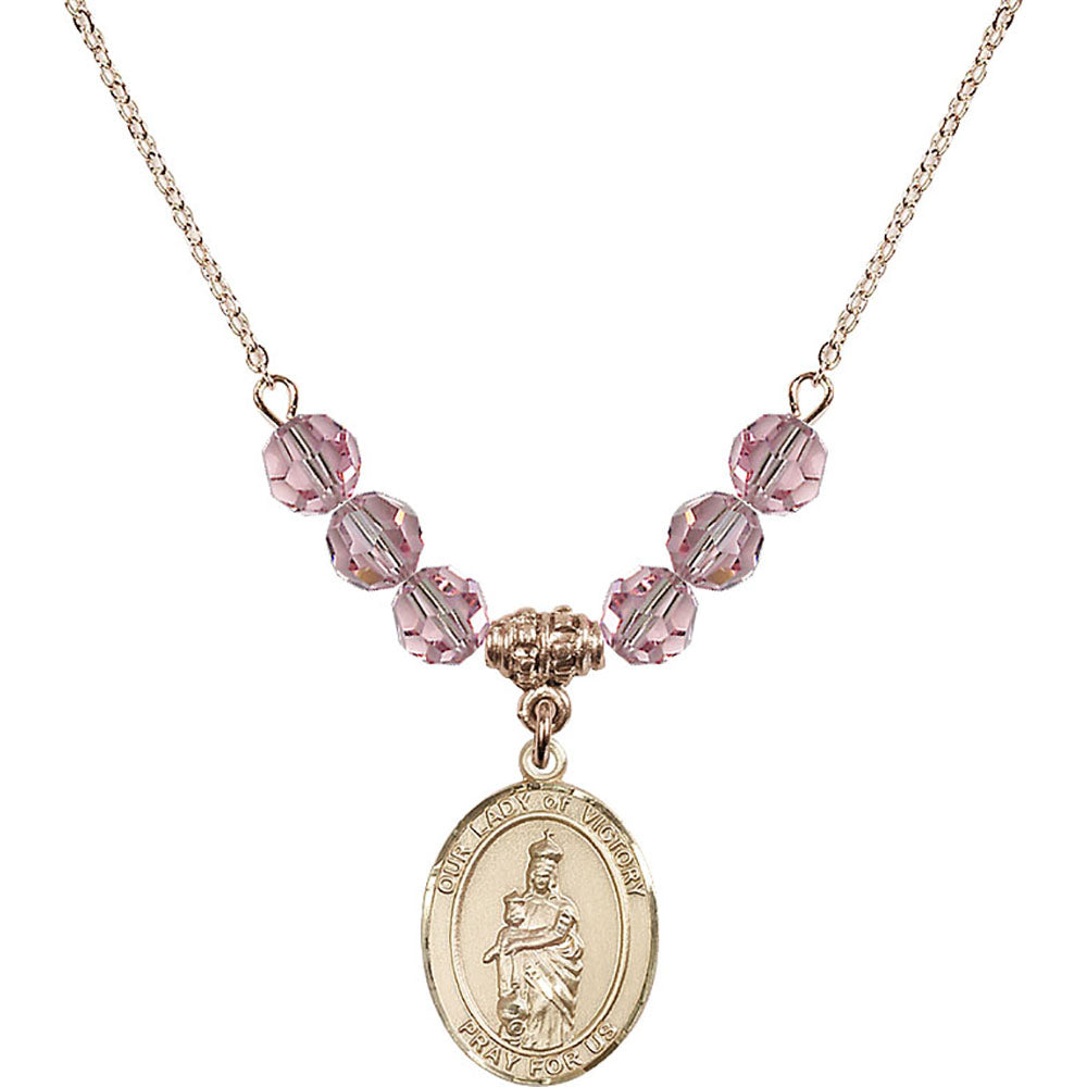 14kt Gold Filled Our Lady of Victory Birthstone Necklace with Light Rose Beads - 8306