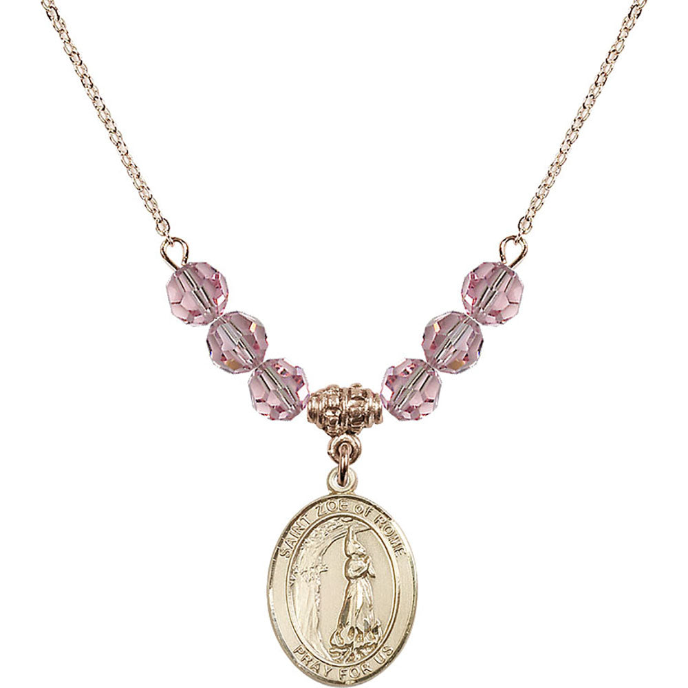 14kt Gold Filled Saint Zoe of Rome Birthstone Necklace with Light Rose Beads - 8314