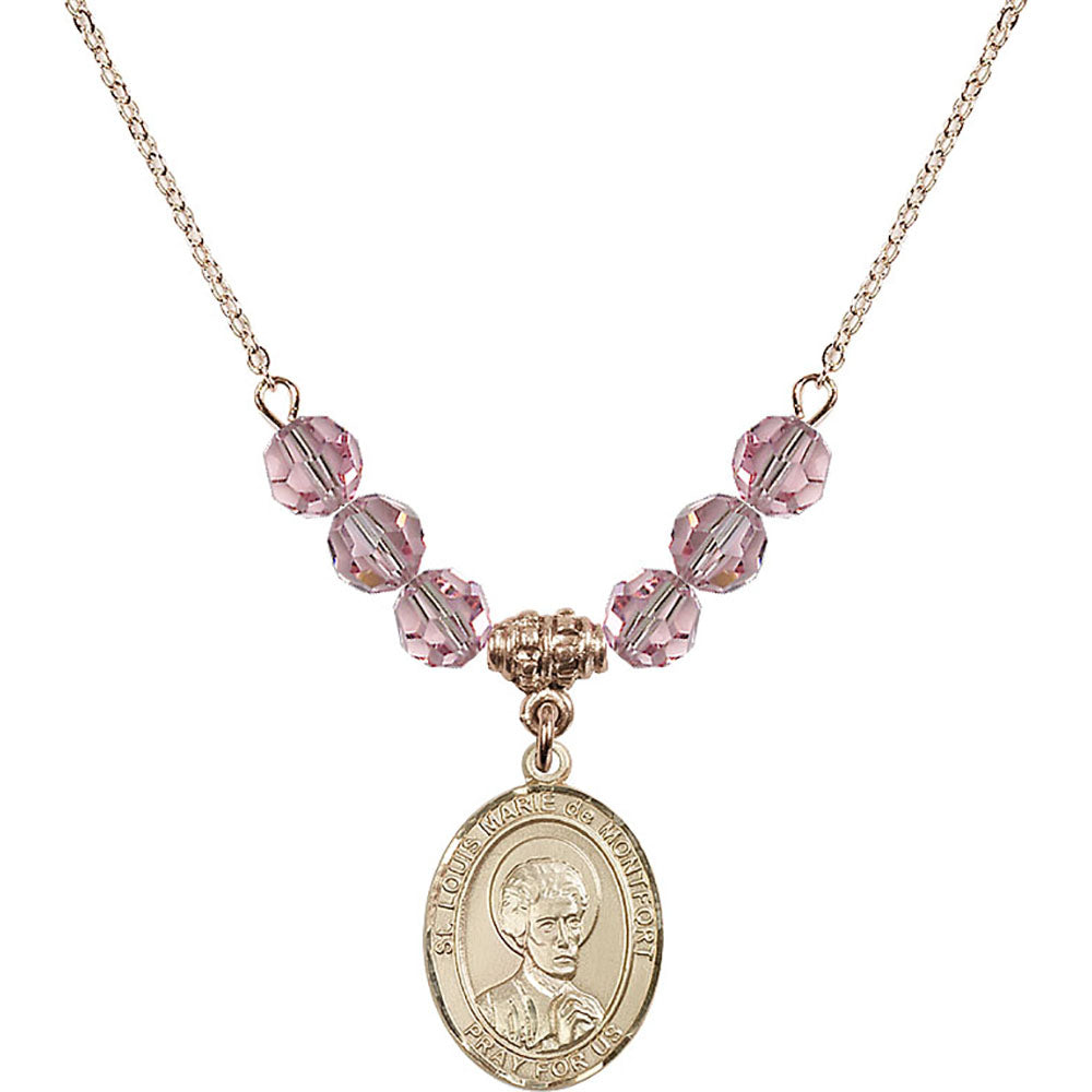 14kt Gold Filled Saint Louis Marie de Montfort Birthstone Necklace with Light Rose Beads - 8330