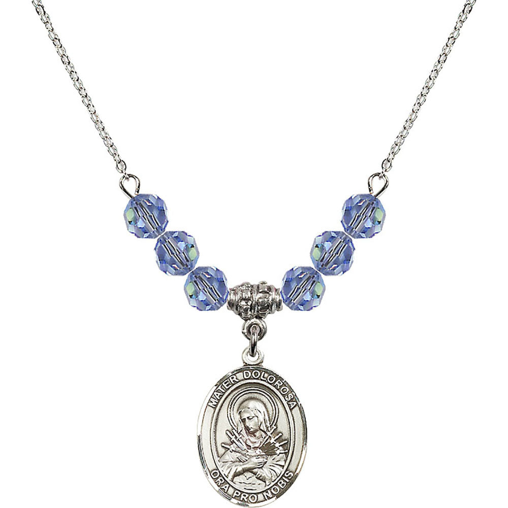 Sterling Silver Mater Dolorosa Birthstone Necklace with Light Sapphire Beads - 8290