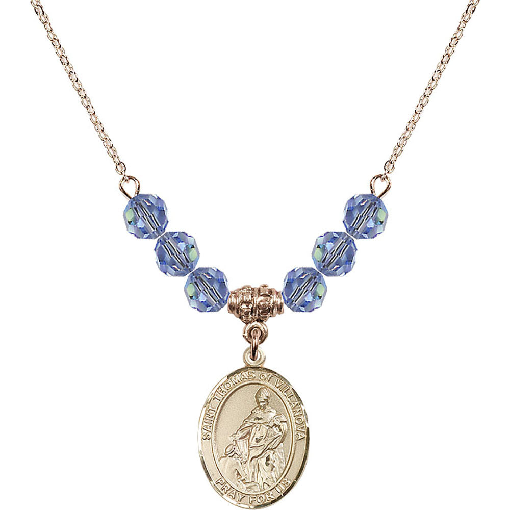 14kt Gold Filled Saint Thomas of Villanova Birthstone Necklace with Light Sapphire Beads - 8304