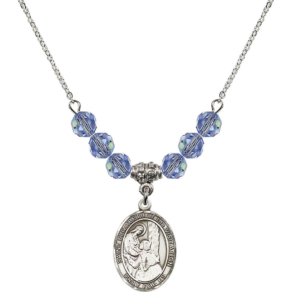 Sterling Silver Saint Elizabeth of the Visitation Birthstone Necklace with Light Sapphire Beads - 8311