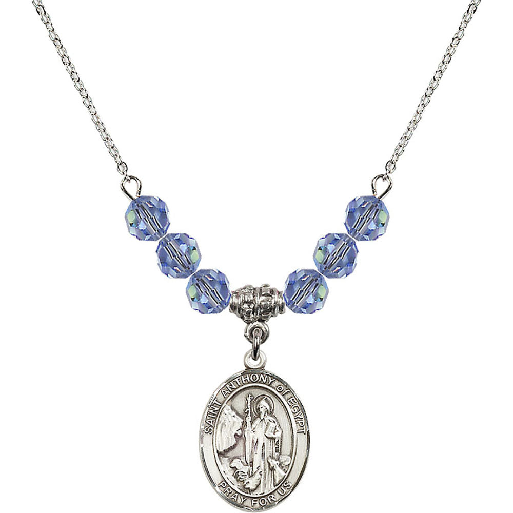 Sterling Silver Saint Anthony of Egypt Birthstone Necklace with Light Sapphire Beads - 8317