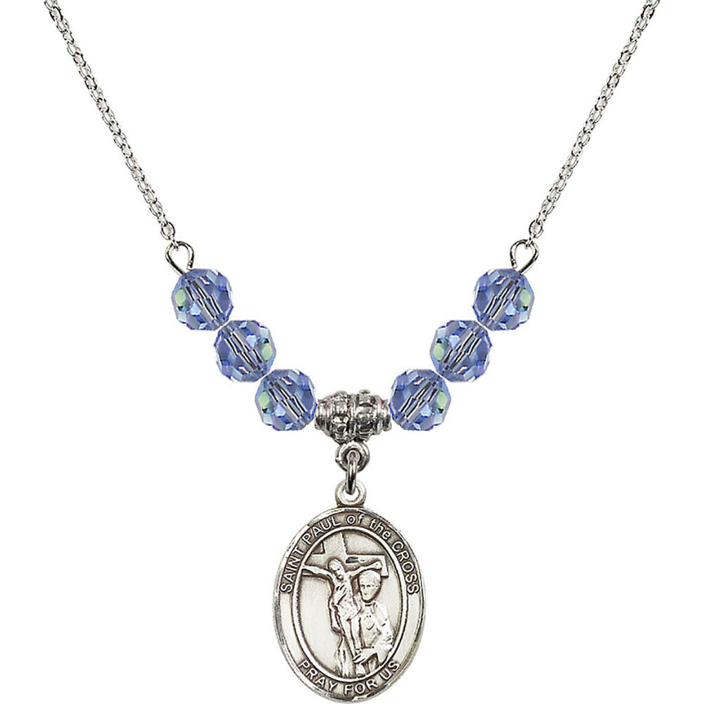 Sterling Silver Saint Paul of the Cross Birthstone Necklace with Light Sapphire Beads - 8318