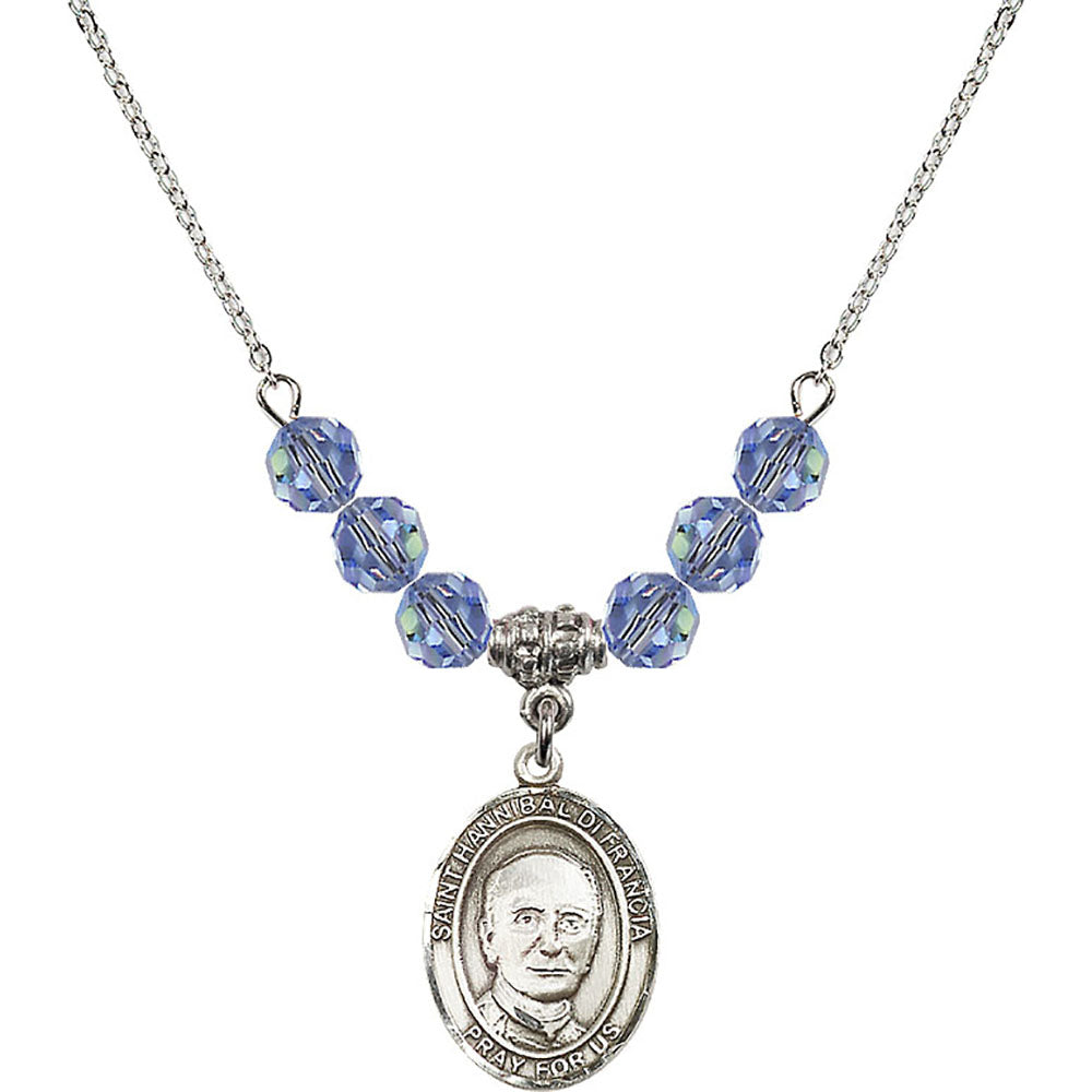 Sterling Silver Saint Hannibal Birthstone Necklace with Light Sapphire Beads - 8327