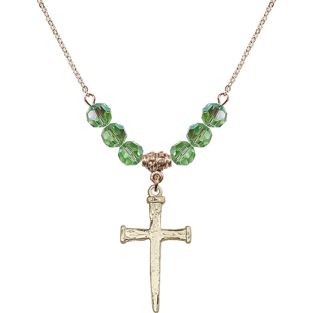 14kt Gold Filled Nail Cross Birthstone Necklace with Peridot Beads - 0085