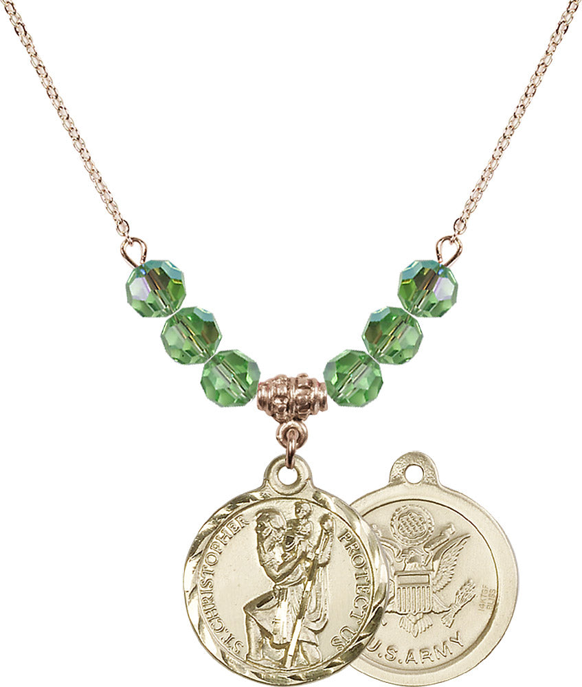 14kt Gold Filled Saint Christopher / Army Birthstone Necklace with Peridot Beads - 0192