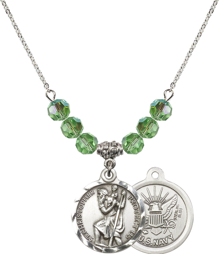 Sterling Silver Saint Christopher / Navy Birthstone Necklace with Peridot Beads - 0192