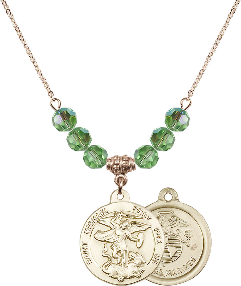 14kt Gold Filled Saint Michael / Marines Birthstone Necklace with Peridot Beads - 0342