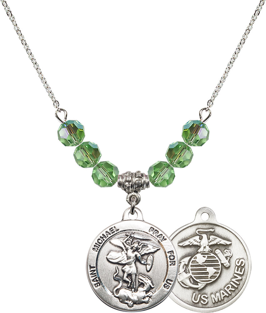 Sterling Silver Saint Michael / Marines Birthstone Necklace with Peridot Beads - 0342