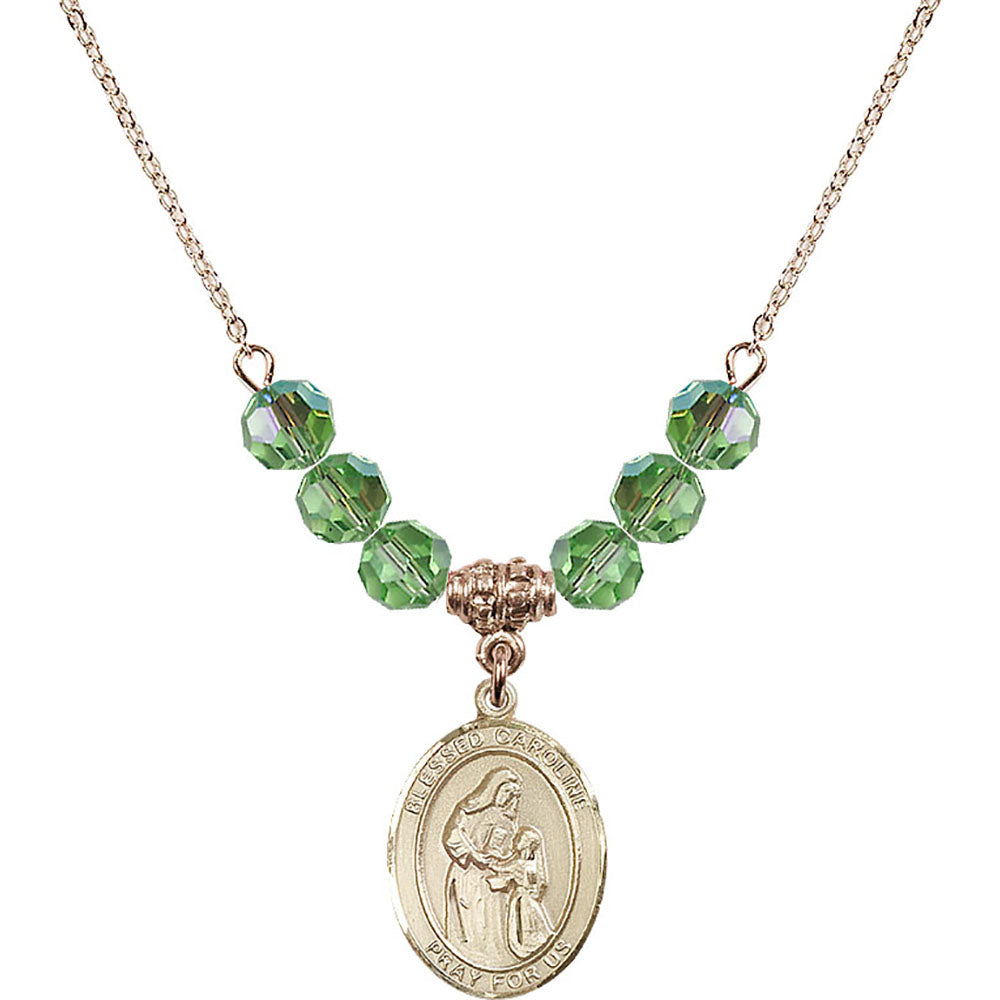 14kt Gold Filled Blessed Caroline Gerhardinger Birthstone Necklace with Peridot Beads - 8281