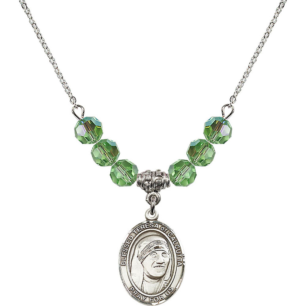 Sterling Silver Saint Teresa of Calcutta Birthstone Necklace with Peridot Beads - 8295