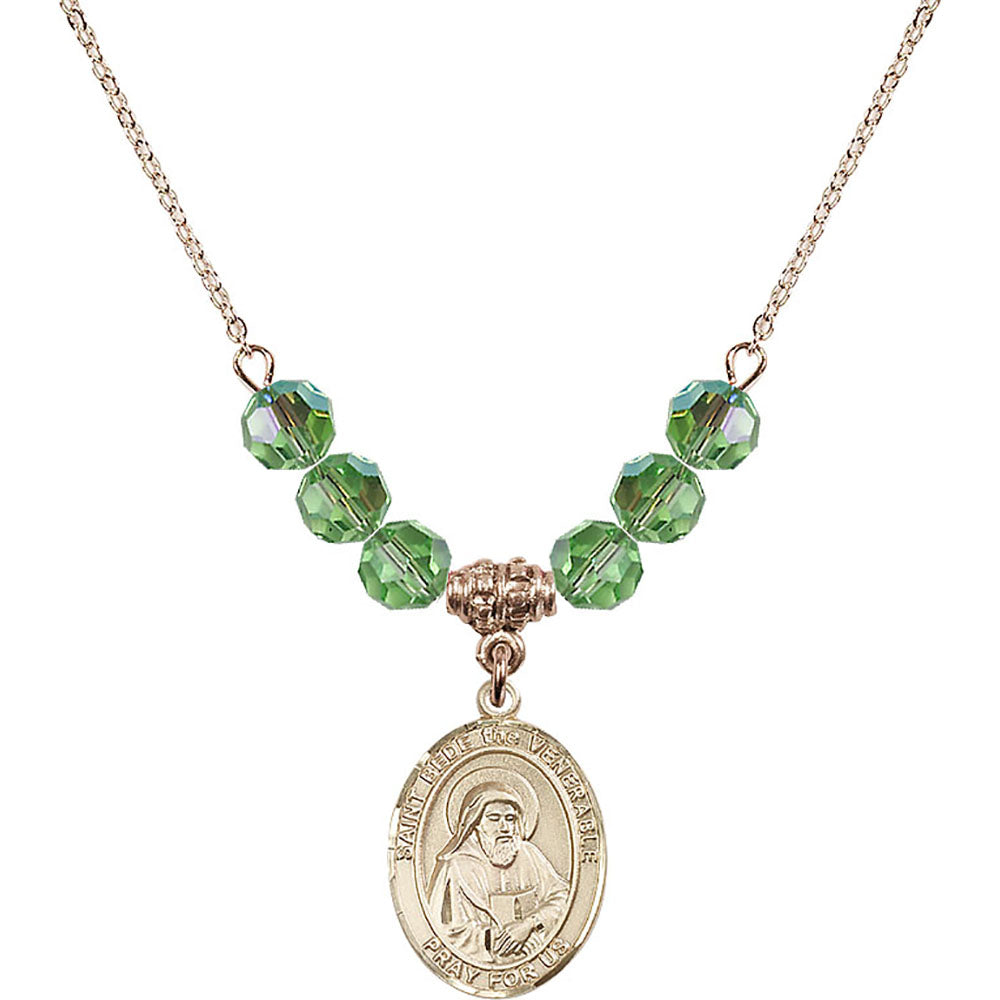 14kt Gold Filled Saint Bede the Venerable Birthstone Necklace with Peridot Beads - 8302