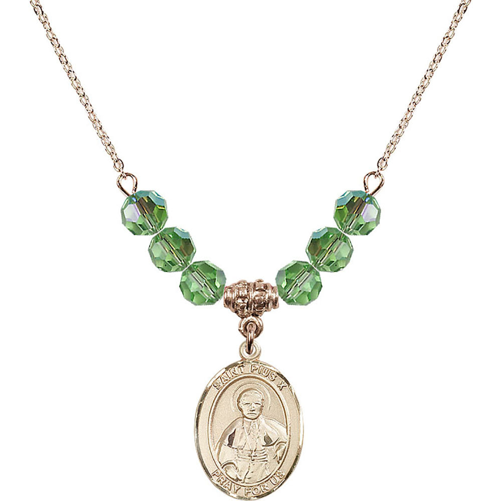 14kt Gold Filled Saint Pius X Birthstone Necklace with Peridot Beads - 8305