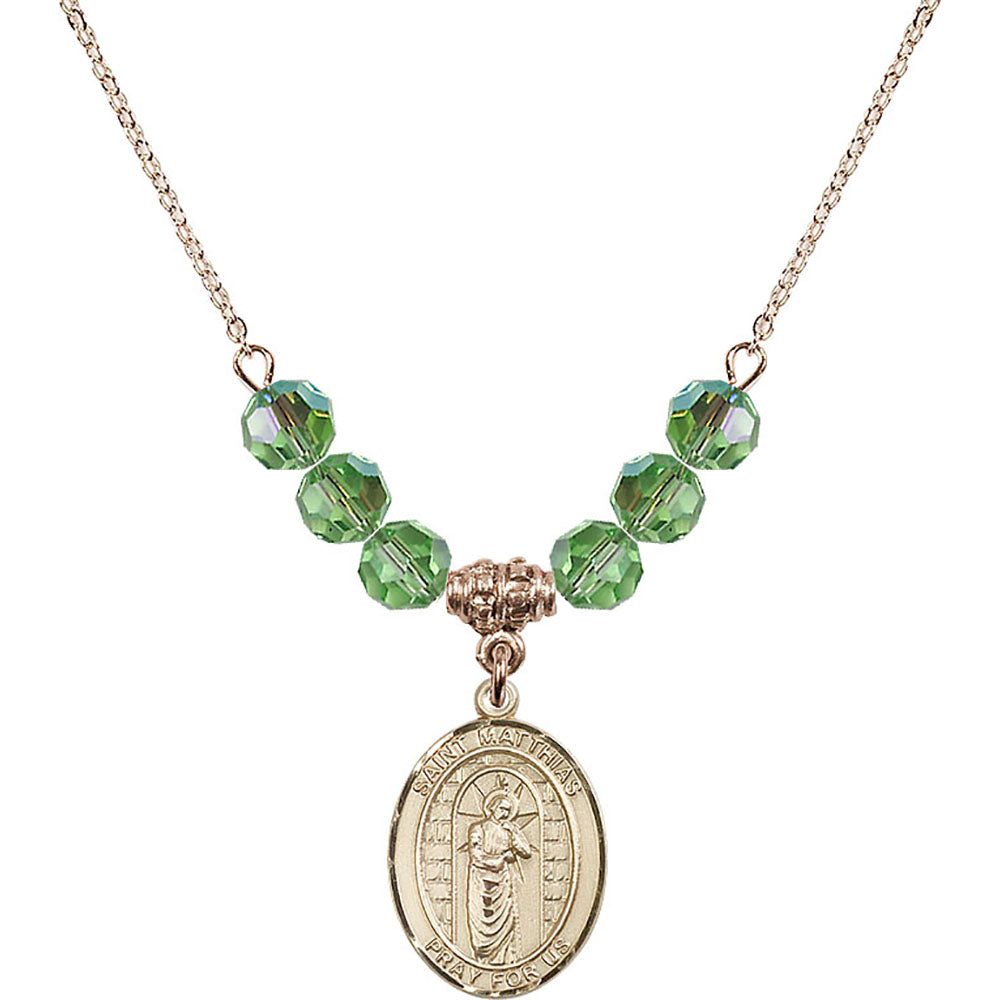 14kt Gold Filled Saint Matthias the Apostle Birthstone Necklace with Peridot Beads - 8331