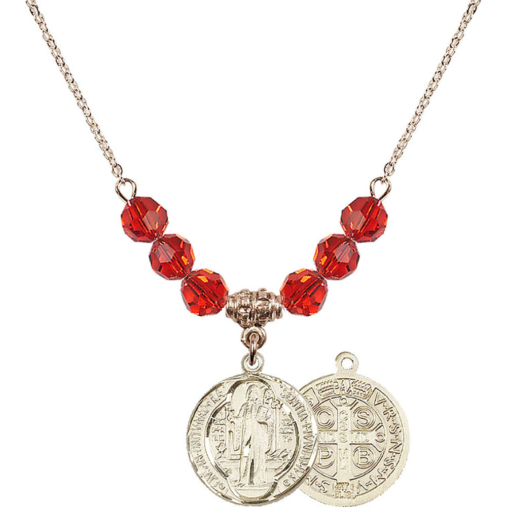 14kt Gold Filled Saint Benedict Birthstone Necklace with Ruby Beads - 0026