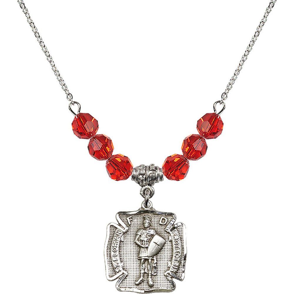 Sterling Silver Saint Florian Birthstone Necklace with Ruby Beads - 0070