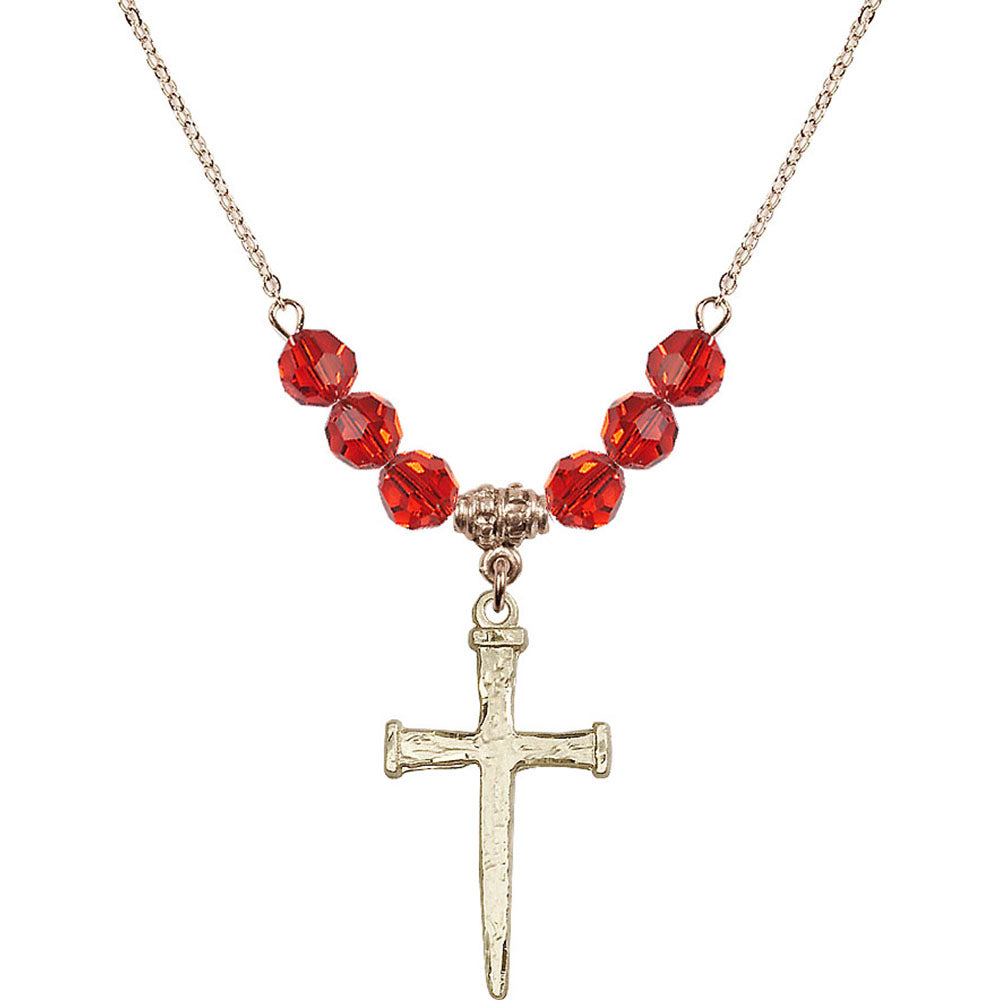 14kt Gold Filled Nail Cross Birthstone Necklace with Ruby Beads - 0085