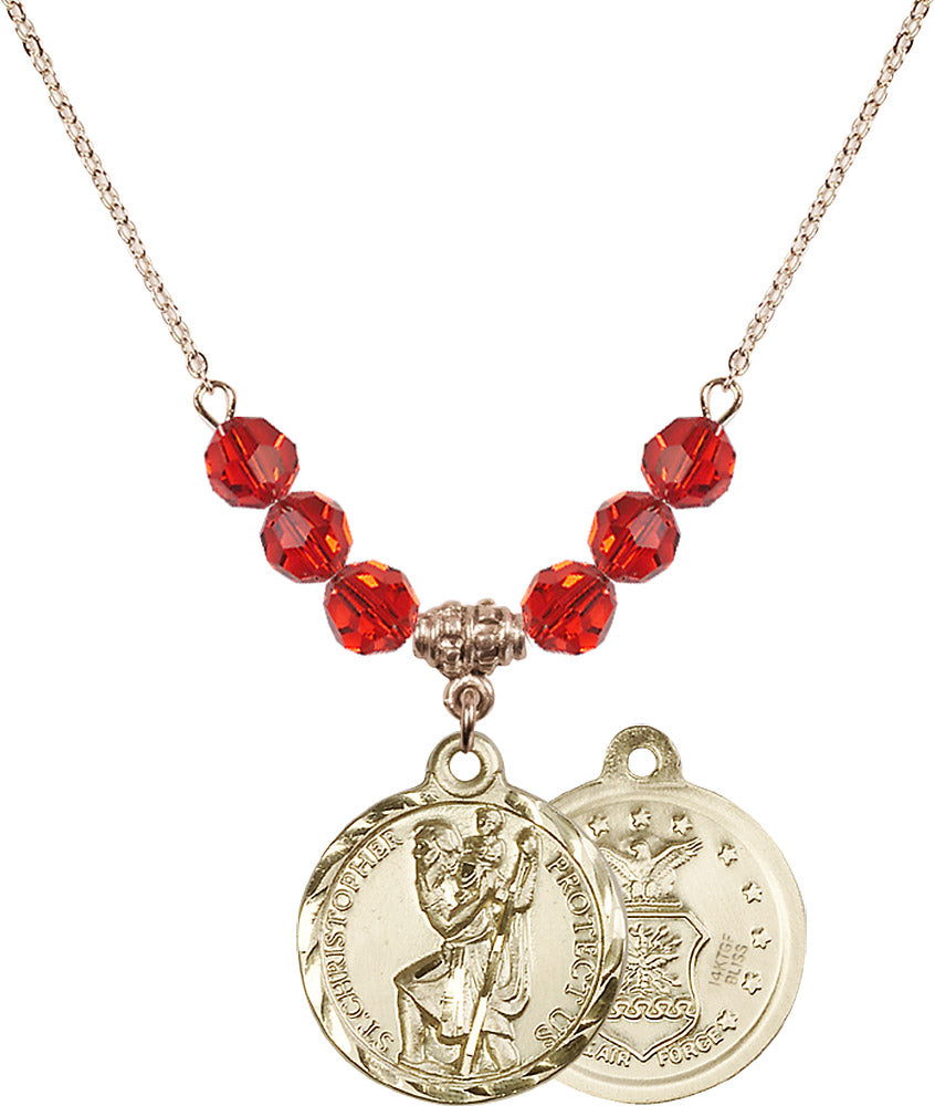 14kt Gold Filled Saint Christopher / Air Force Birthstone Necklace with Ruby Beads - 0192