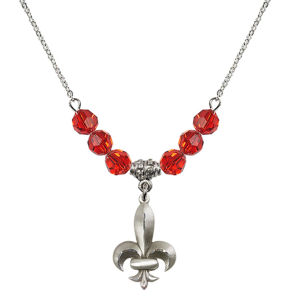 Sterling Silver Fleur de Lis Birthstone Necklace with Ruby Beads - 0294