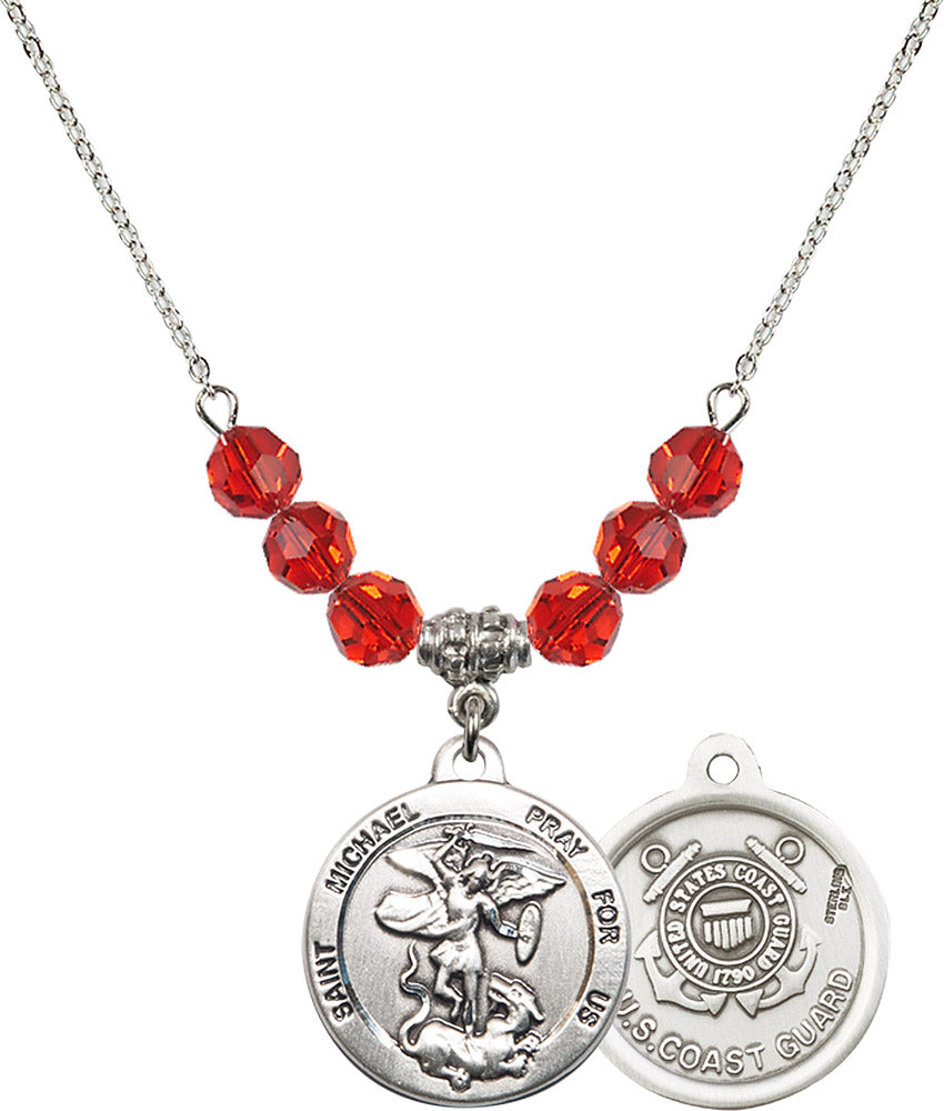 Sterling Silver Saint Michael / Coast Guard Birthstone Necklace with Ruby Beads - 0342