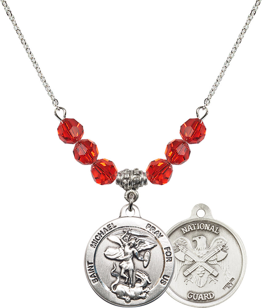 Sterling Silver Saint Michael / Nat'l Guard Birthstone Necklace with Ruby Beads - 0342