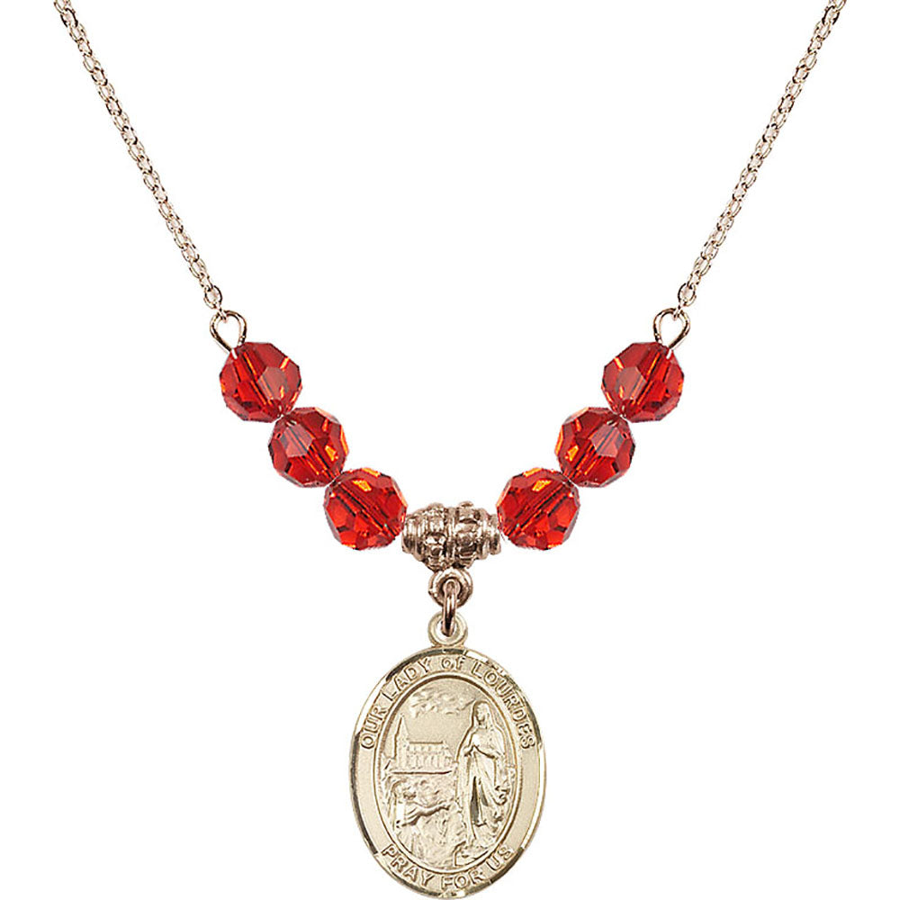 14kt Gold Filled Our Lady of Lourdes Birthstone Necklace with Ruby Beads - 8288