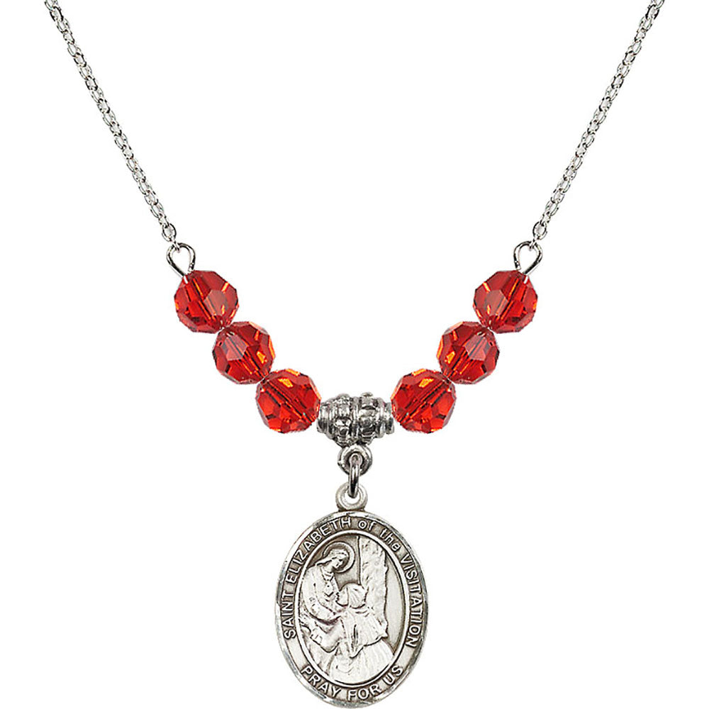 Sterling Silver Saint Elizabeth of the Visitation Birthstone Necklace with Ruby Beads - 8311