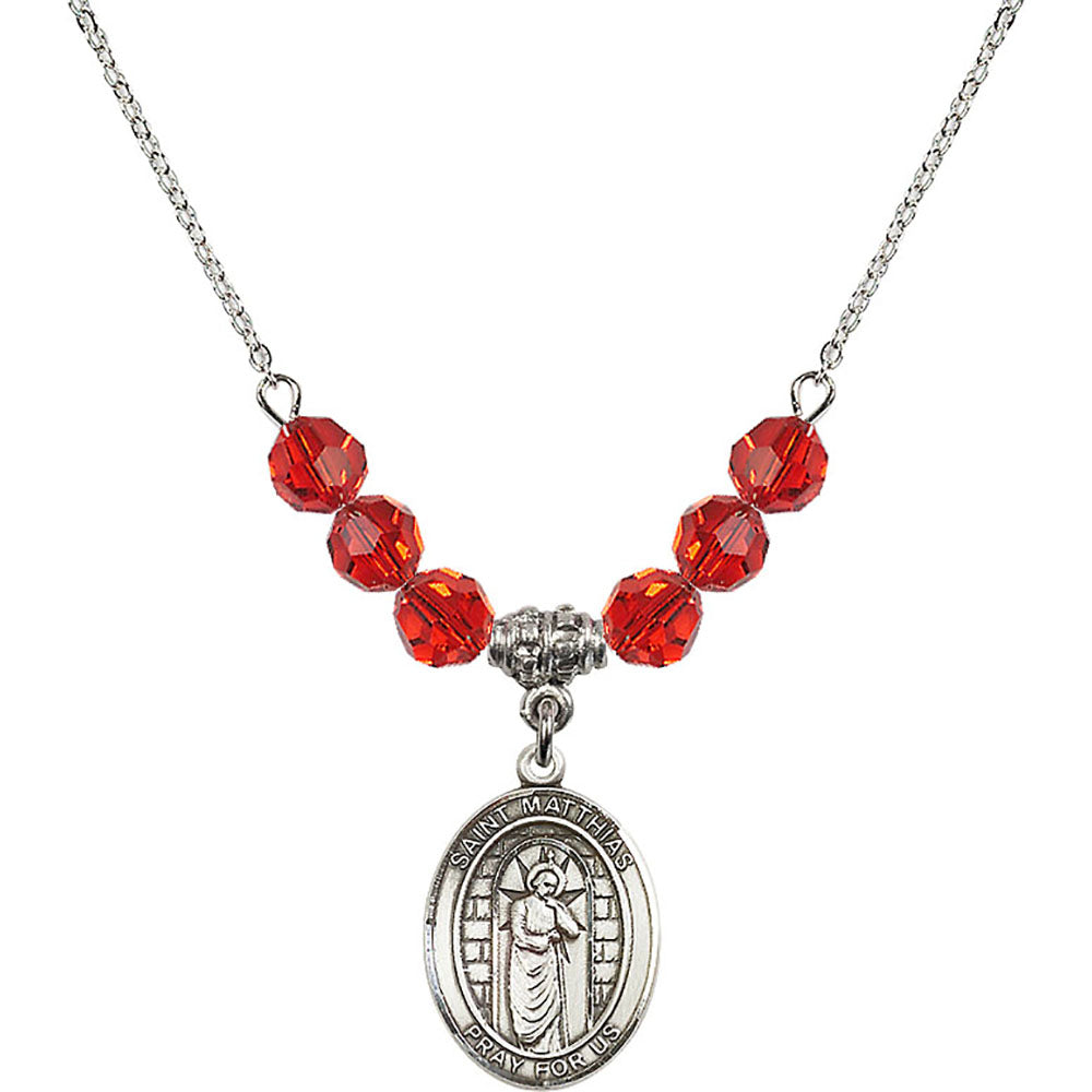 Sterling Silver Saint Matthias the Apostle Birthstone Necklace with Ruby Beads - 8331