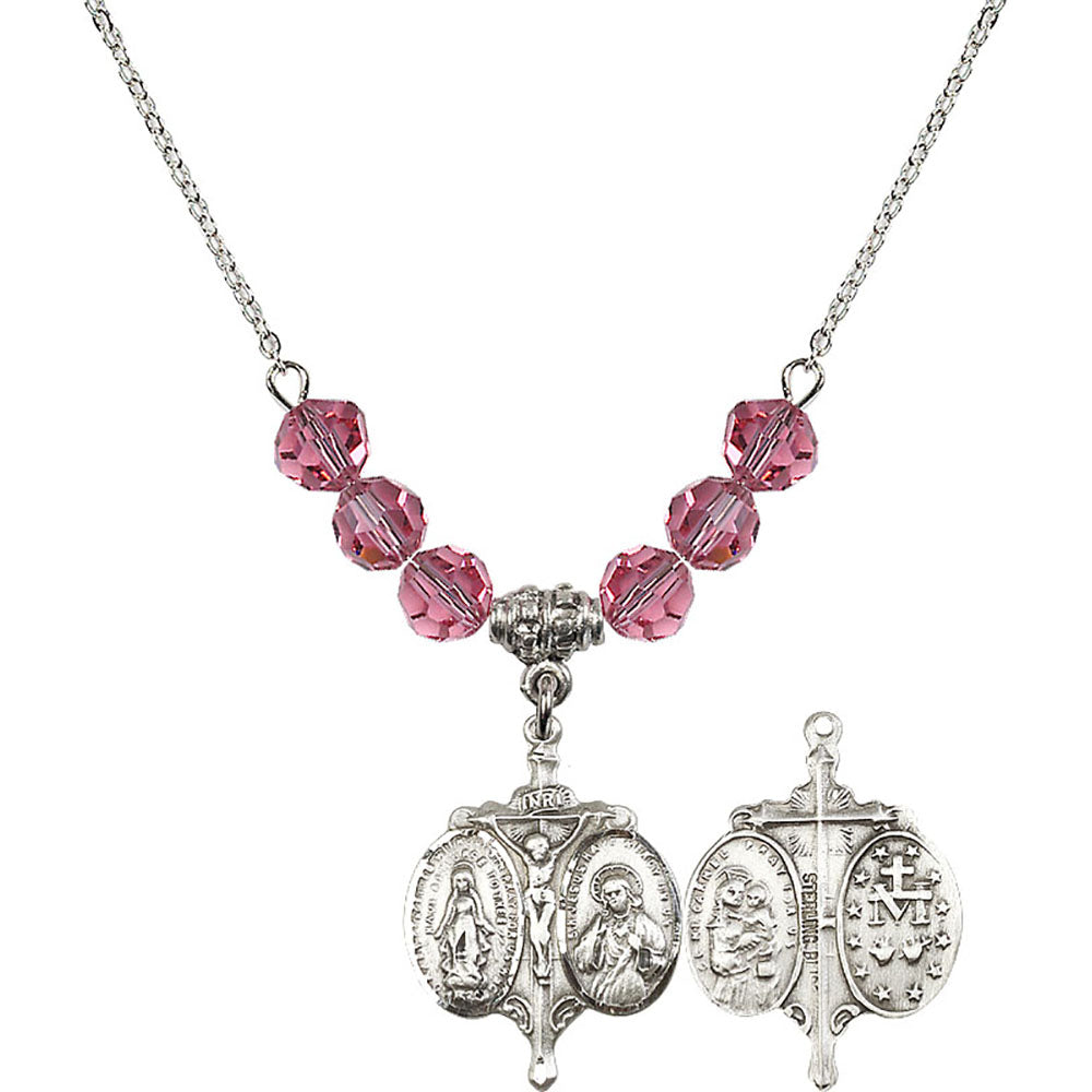 Sterling Silver Novena Birthstone Necklace with Rose Beads - 0021