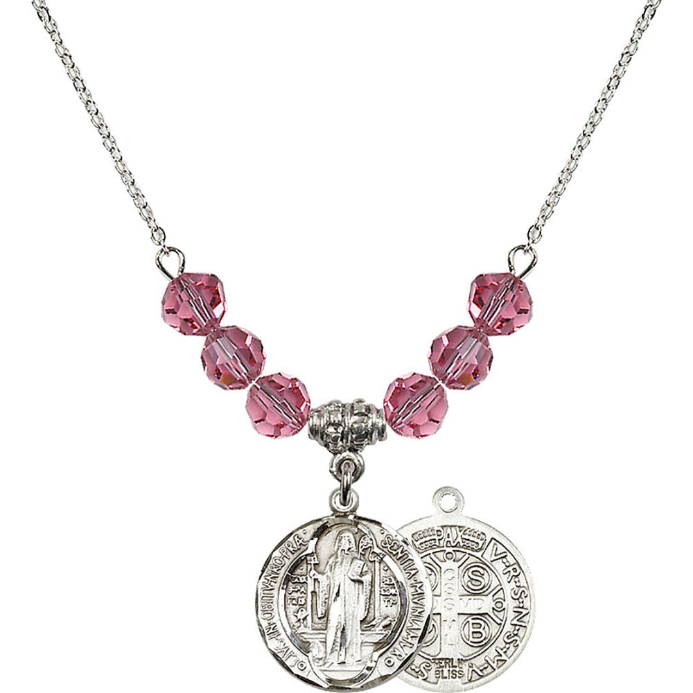 Sterling Silver Saint Benedict Birthstone Necklace with Rose Beads - 0026