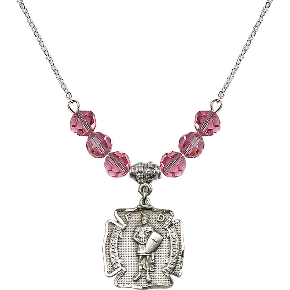 Sterling Silver Saint Florian Birthstone Necklace with Rose Beads - 0070