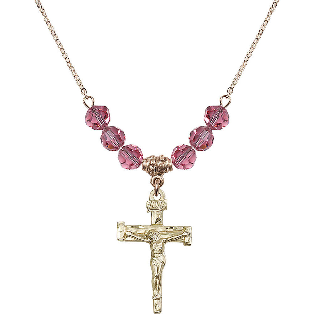 14kt Gold Filled Nail Crucifix Birthstone Necklace with Rose Beads - 0073