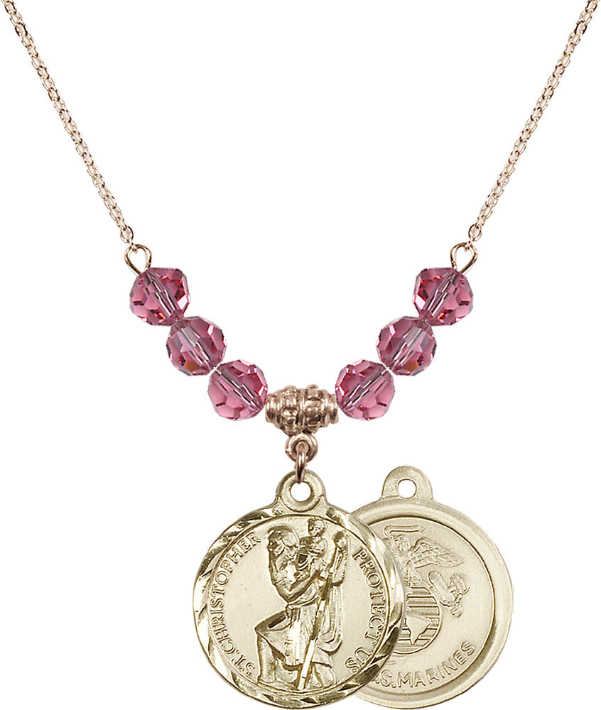 14kt Gold Filled Saint Christopher / Marines Birthstone Necklace with Rose Beads - 0192