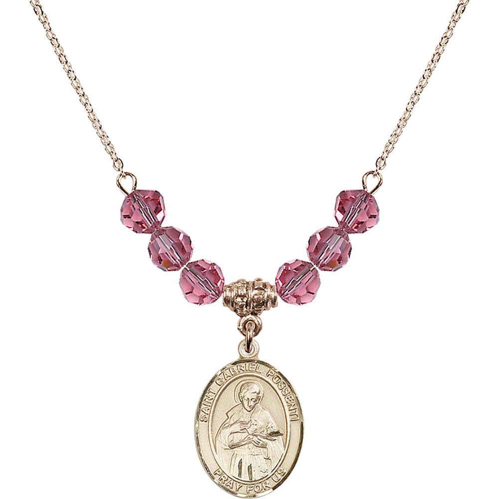 14kt Gold Filled Saint Gabriel Possenti Birthstone Necklace with Rose Beads - 8279