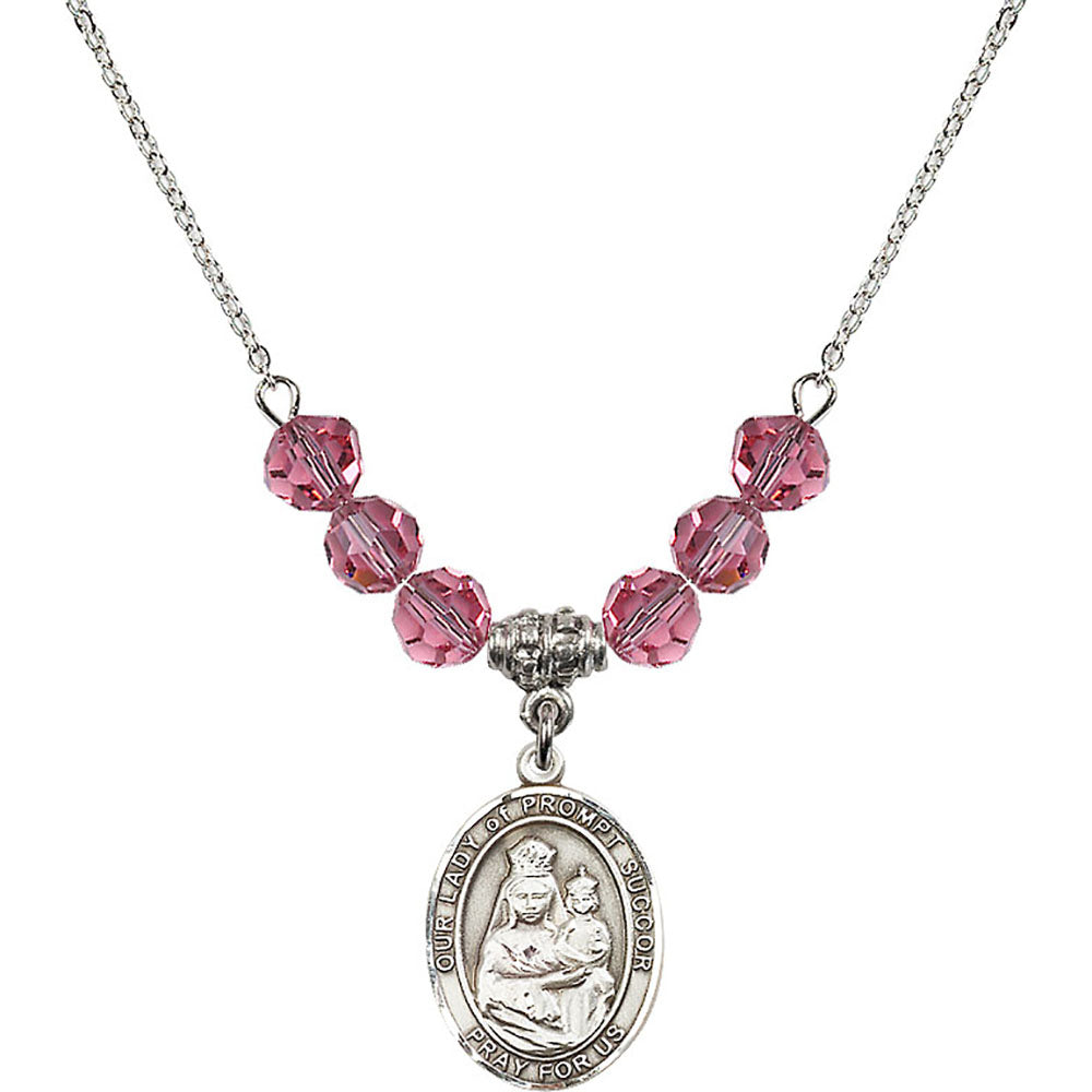 Sterling Silver Our Lady of Prompt Succor Birthstone Necklace with Rose Beads - 8299