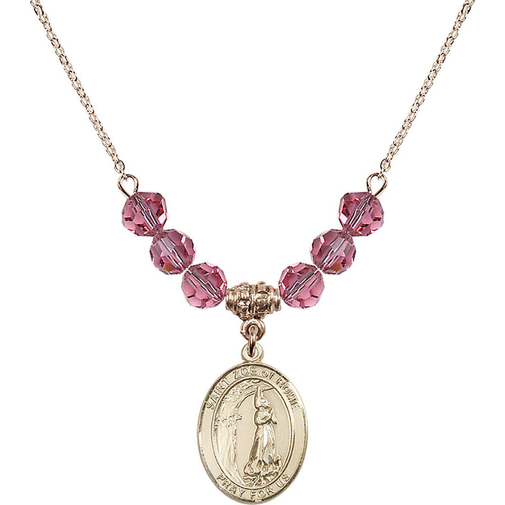 14kt Gold Filled Saint Zoe of Rome Birthstone Necklace with Rose Beads - 8314