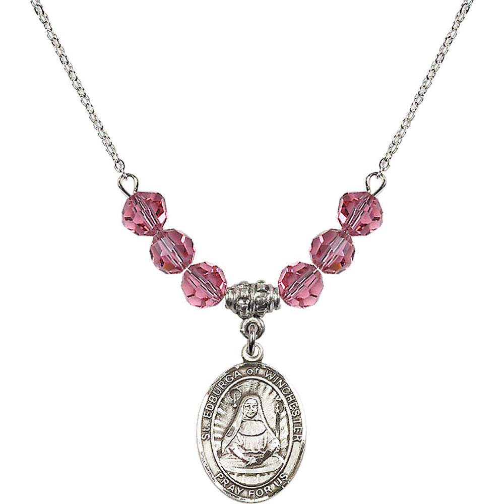 Sterling Silver Saint Edburga of Winchester Birthstone Necklace with Rose Beads - 8324