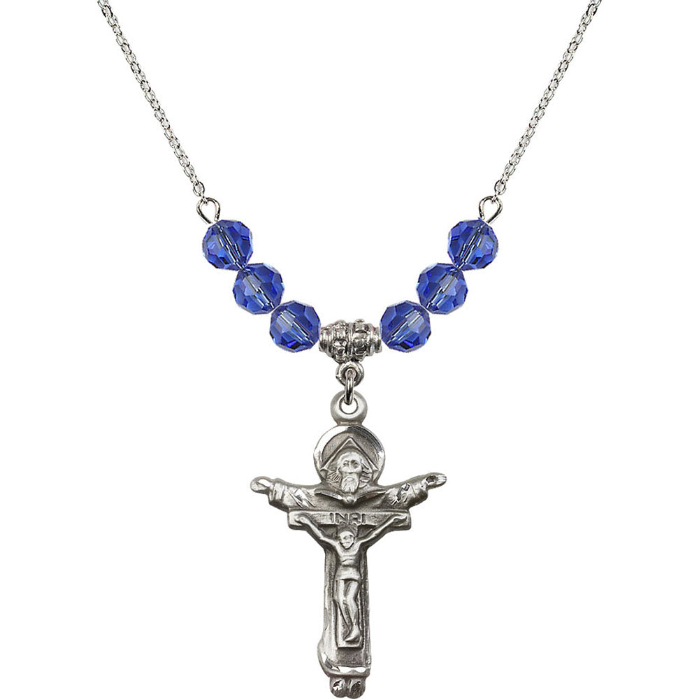 Sterling Silver Trinity Crucifix Birthstone Necklace with Sapphire Beads - 0065