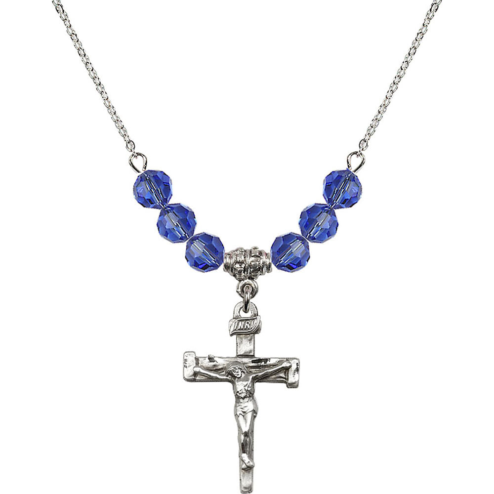 Sterling Silver Nail Crucifix Birthstone Necklace with Sapphire Beads - 0073